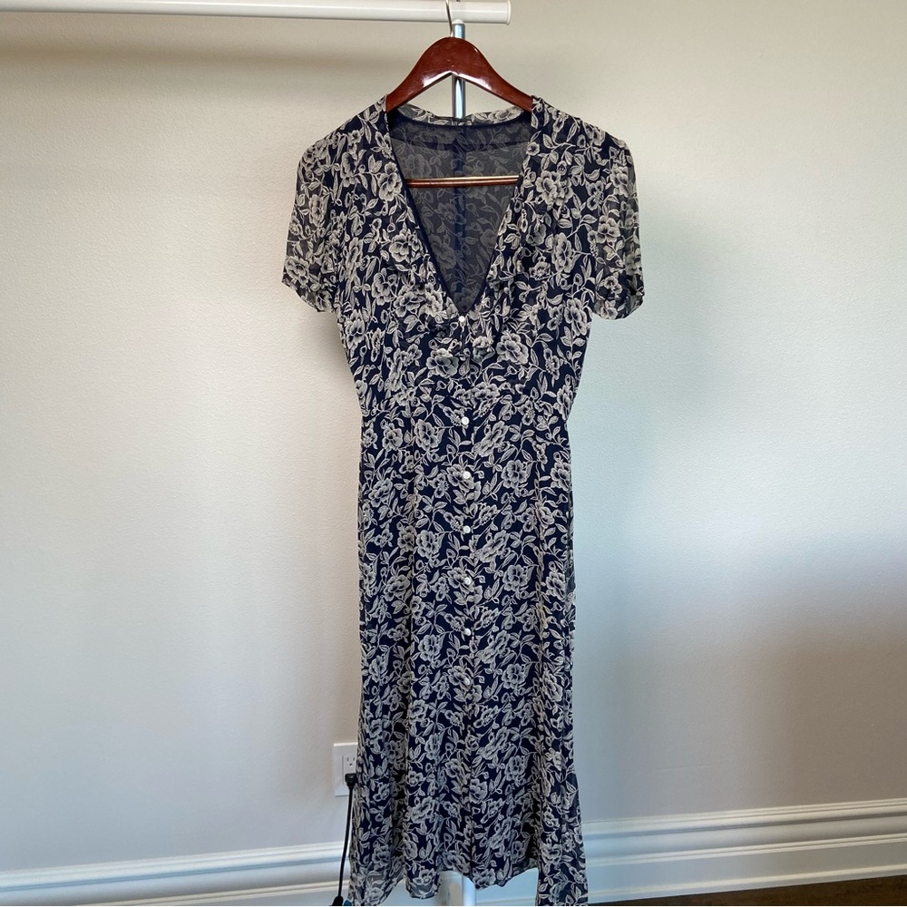 Silk Navy Floral Midi Dress